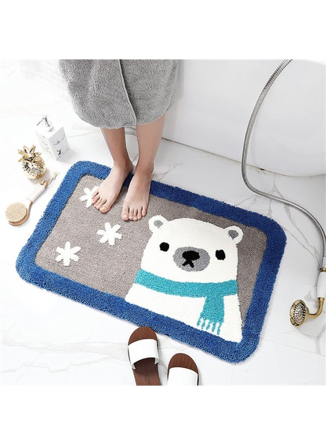 EBREEZZ Cute Cartoon Polar Bear Bath Mat – Soft Fluffy Microfiber Bathroom Rug with Blue Scarf & Snowflakes Design - Image 1